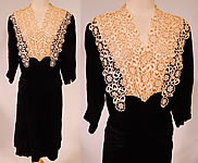 Vintage Black Silk Velvet Cream Lace Yoke Belted Back Cocktail Dress
