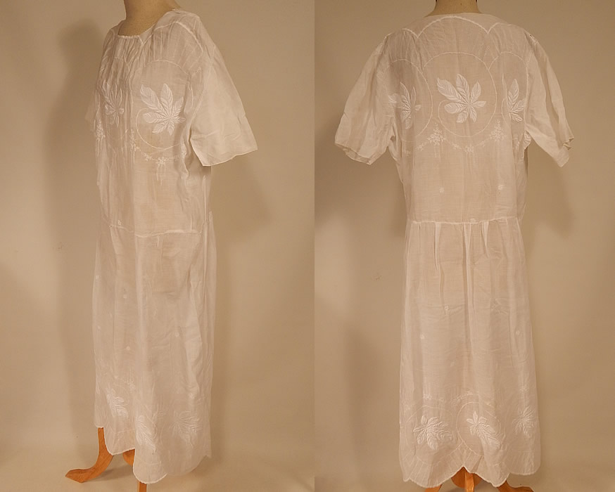 Vintage White Cotton Batiste Embroidered Forget-me-not Floral Leaf Drop Waist Dress
The dress is a large size measuring 50 inches long, with 44 inch hips, a 38 inch waist and 38 inch bust. It is in good condition, but has not been cleaned, with a faint discoloration stain along the side bodice.