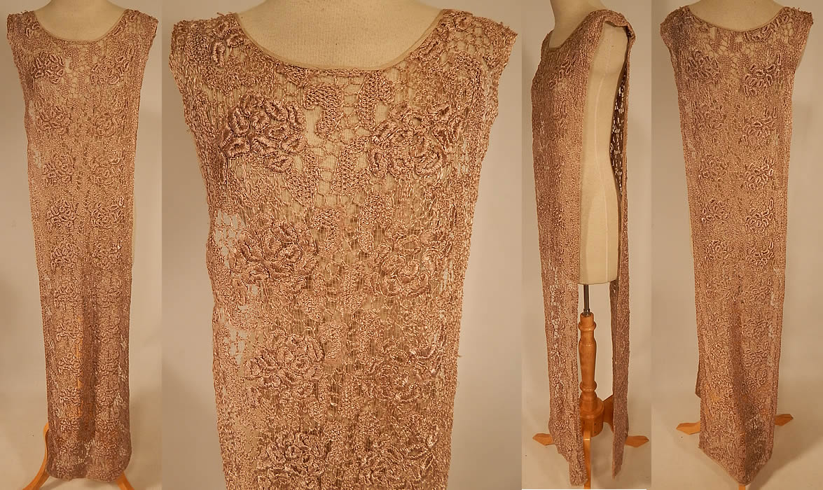 Vintage Ecru Embroidered Crochet Lace Net Tabard Tunic Flapper Dress
This vintage ecru embroidered crochet lace net tabard tunic flapper dress dates from the 1920s. It is made of an ecru cream color sheer mesh net silk fabric with embroidery work and woven, crochet knit decorative designs.
