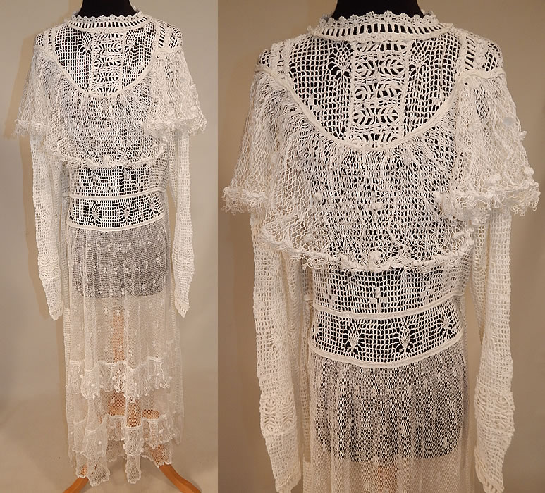 Vintage Victorian Style White Crochet Lace Flounce Ruffle Boho Maxi Dress
This vintage Victorian style white crochet lace flounce ruffle boho maxi dress dates from the 1970s. It is made of a white sheer cotton crochet knit fabric, with a mesh net flounce ruffle polka dot design collar and skirt.