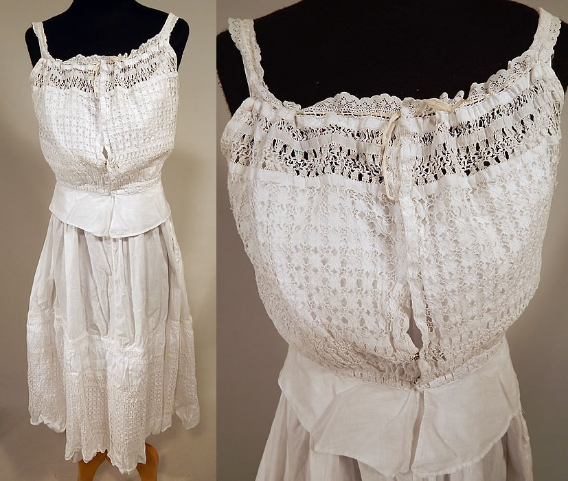 Edwardian White Cotton Linen Drawnwork Lace Camisole Top & Full Slip Dress
This vintage Edwardian era white cotton linen drawnwork lace camisole top and full slip dress dates from 1910. It is made of a white cotton linen fabric, with drawnwork lace creating a scaffolding of threads interwoven. 