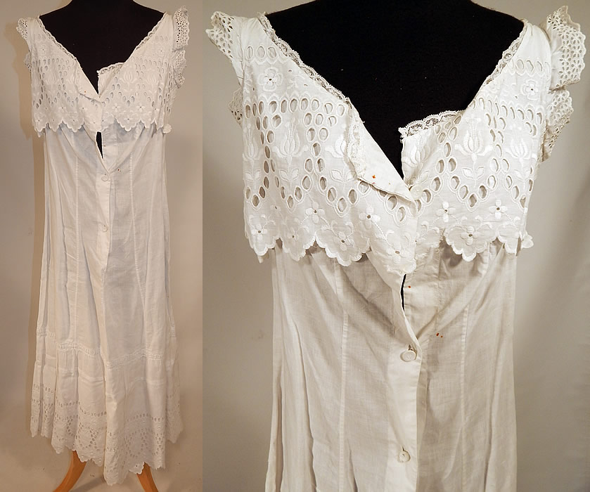 Edwardian White Cotton Embroidery Eyelet Cutwork Broderie Anglaise Lace Full Slip Dress
This antique Edwardian era white cotton embroidery eyelet cutwork broderie anglaise lace full slip dress dates from 1910. It is made of a white cotton fabric, with broderie anglaise whitework needlework, embroidery, eyelet cutwork and needle lace.