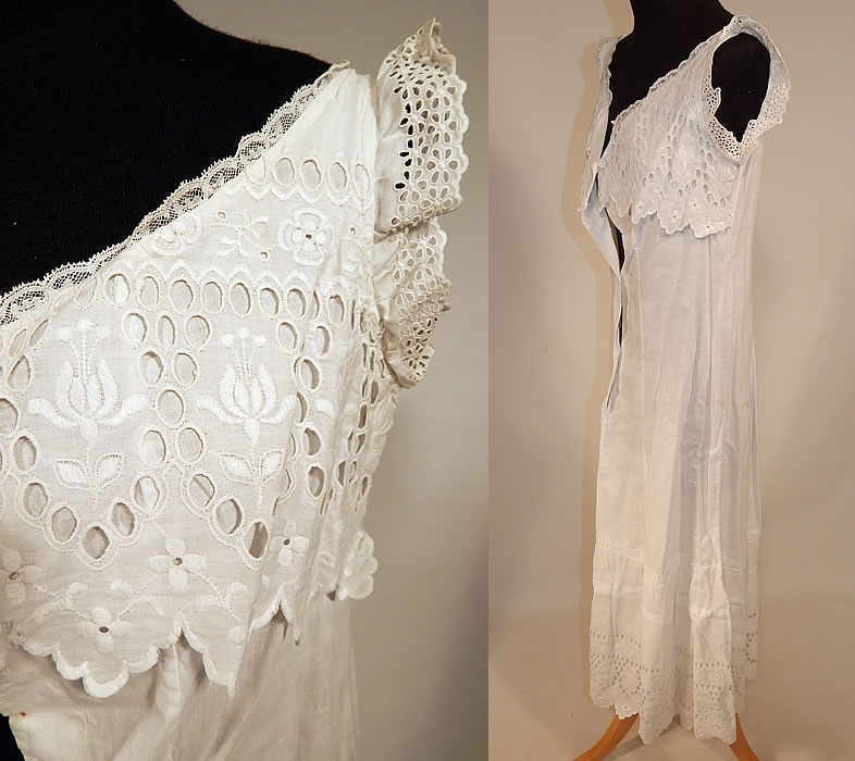 Edwardian White Cotton Embroidery Eyelet Cutwork Broderie Anglaise Lace Full Slip Dress
This lovely lace lingerie undergarment long full slip dress has a scalloped trim front flounce top, ruffled short cap sleeves and button front closure. 