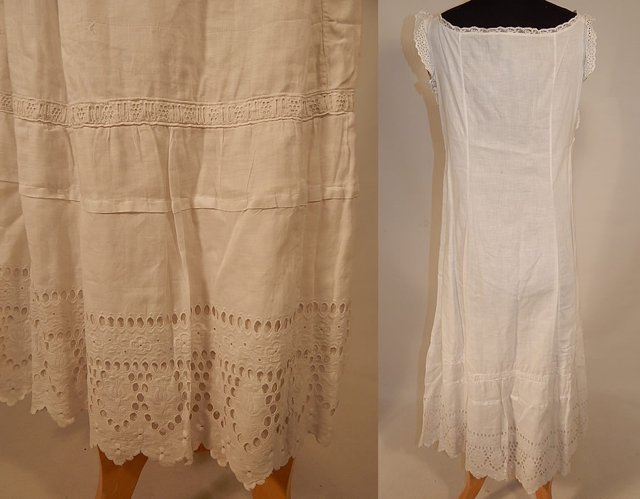 Edwardian White Cotton Embroidery Eyelet Cutwork Broderie Anglaise Lace Full Slip Dress
The slip measures 46 inches long, with 36 inch hips, a 30 inch waist and 34 inch bust. It is in good condition, with only a few tiny rust age spot stains on the front top and could be worn as a summer dress. This is truly a wonderful piece of wearable textile lace art! 