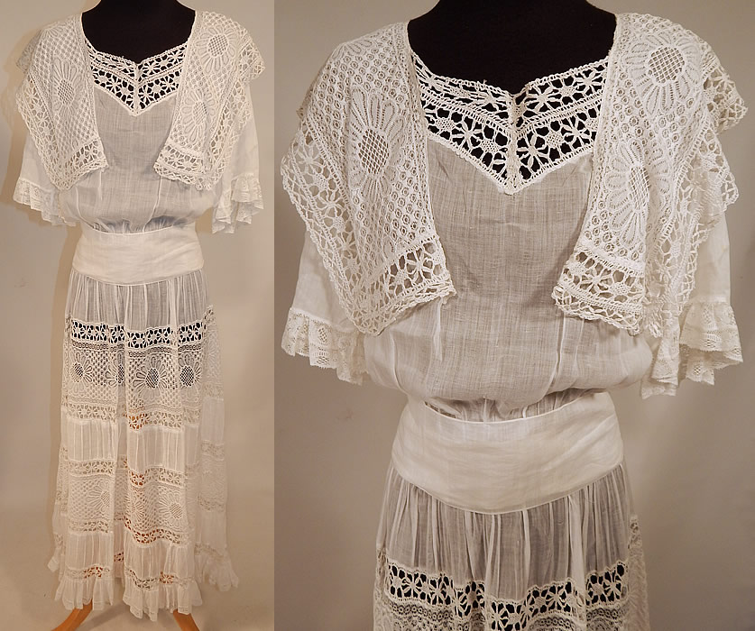 Edwardian White Cotton Batiste Bobbin Lace Belted Graduation Wedding Dress
This antique Edwardian era white cotton batiste bobbin lace belted graduation wedding dress dates from 1910. It is made of a sheer fine white cotton batiste fabric, with bobbin lace trim inserts.