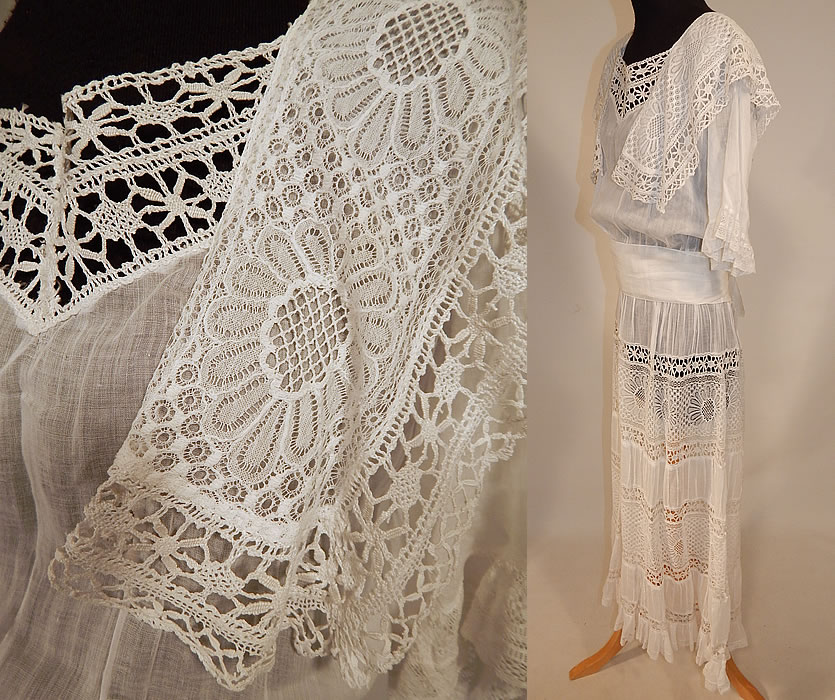 Edwardian White Cotton Batiste Bobbin Lace Belted Graduation Wedding Dress
This lovely lace long floor length dress has a draping shoulder flounce ruffle lace collar overlay, with 3/4 length sleeves, lace ruffle trim cuffs, an altered waistband made larger, with batiste embroidered tie sash belt, snap closures down the back and is sheer, totally unlined.