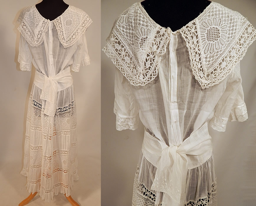 Edwardian White Cotton Batiste Bobbin Lace Belted Graduation Wedding Dress
The dress is a large size measuring 53 inches long, with a 28 inch waist, 36 inch bust and 44 inch long, 4 inch wide sash belt. It is in good condition, with only 2 tiny holes on the back skirt. 