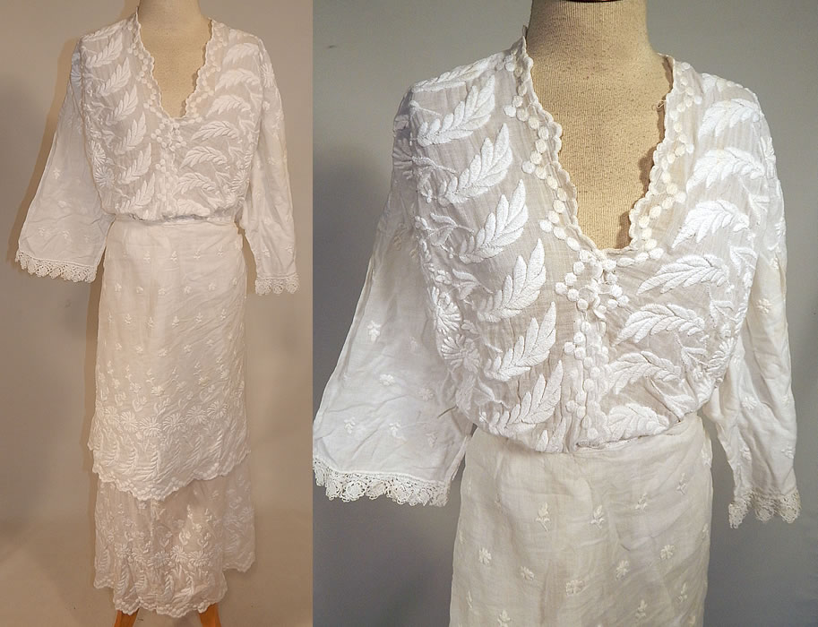 Edwardian Embroidered White Cotton Batiste  Lace Dress Blouse & Skirt Fabric
This antique Edwardian era embroidered white cotton batiste lace dress blouse and skirt fabric dates from 1910. It is made of a sheer fine white cotton batiste fabric, with raised padded satin stitch embroidery work done in a daisy floral leaf, polka dot pattern design and lace trim.