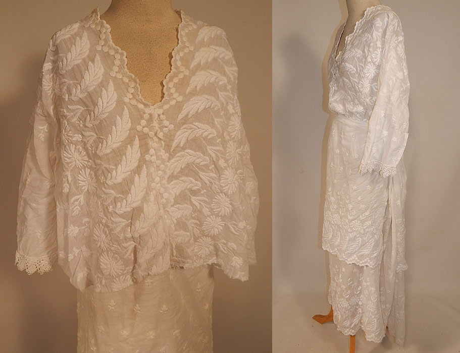 Edwardian Embroidered White Cotton Batiste  Lace Dress Blouse & Skirt Fabric
This lovely lace whitework dress is two piece, with a blouse top, scalloped edge low neckline, 3/4 length sleeves, lace ruffle trim cuffs, snap closures down the back and is sheer, unlined.