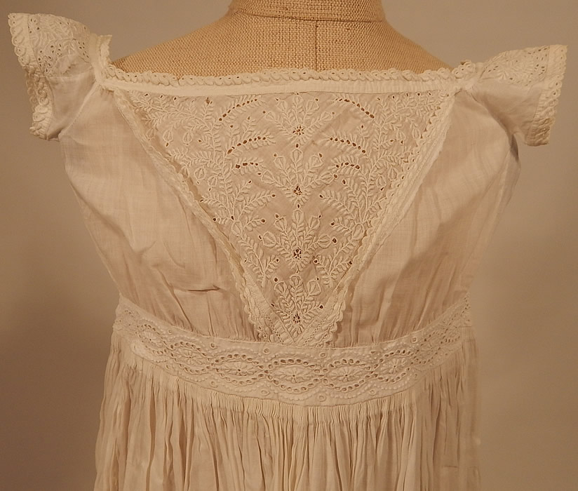 Victorian Antique Ayrshire Whitework Cotton Batiste Christening Gown Infant Dress
It is hand stitched, made of a fine white cotton batiste fabric, with Ayrshire whitework, raised padded satin stitch embroidery eyelet drawn thread cutwork and eyelet lace trim edging. 