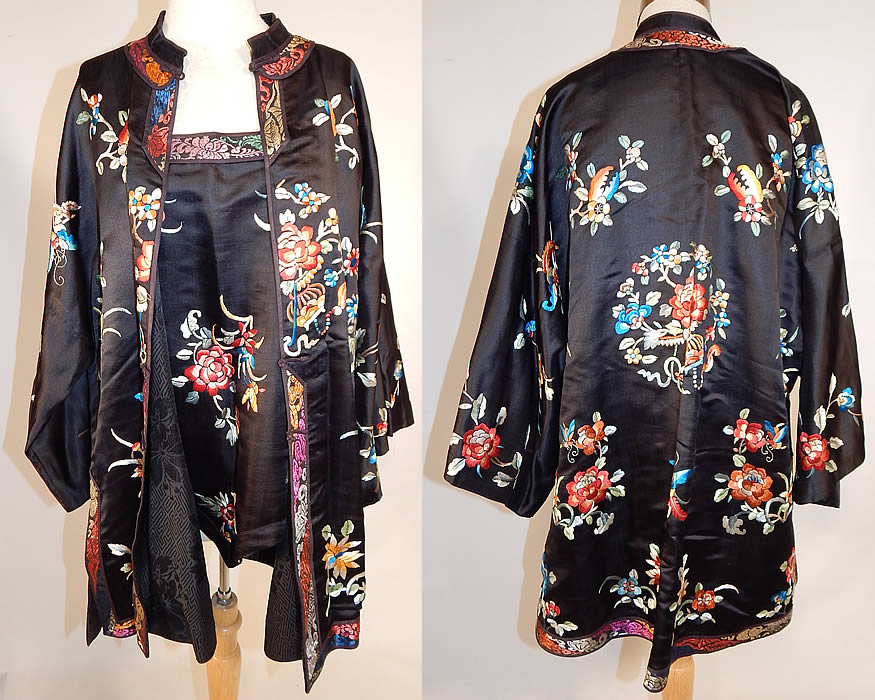 Antique Chinese Black Silk Embroidered Peony Flower Butterfly Robe & Camisole
This antique vintage Chinese black silk embroidered peony flower, butterfly robe and camisole dates from the 1940s. It is made of a black silk fabric, with colorful hand embroidery work, with a variety of flowers, vases and butterflies. 