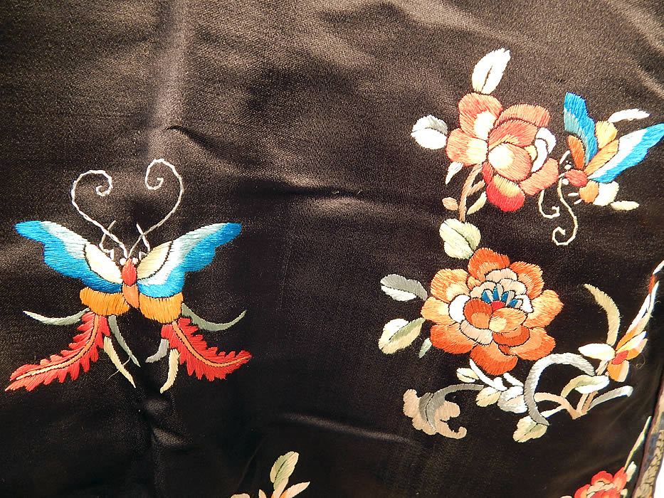 Antique Chinese Black Silk Embroidered Peony Flower Butterfly Robe & Camisole
It is in good condition, with only a couple of tiny pin holes on the camisole top. This is truly a wonderful piece of wearable antique Chinese art!