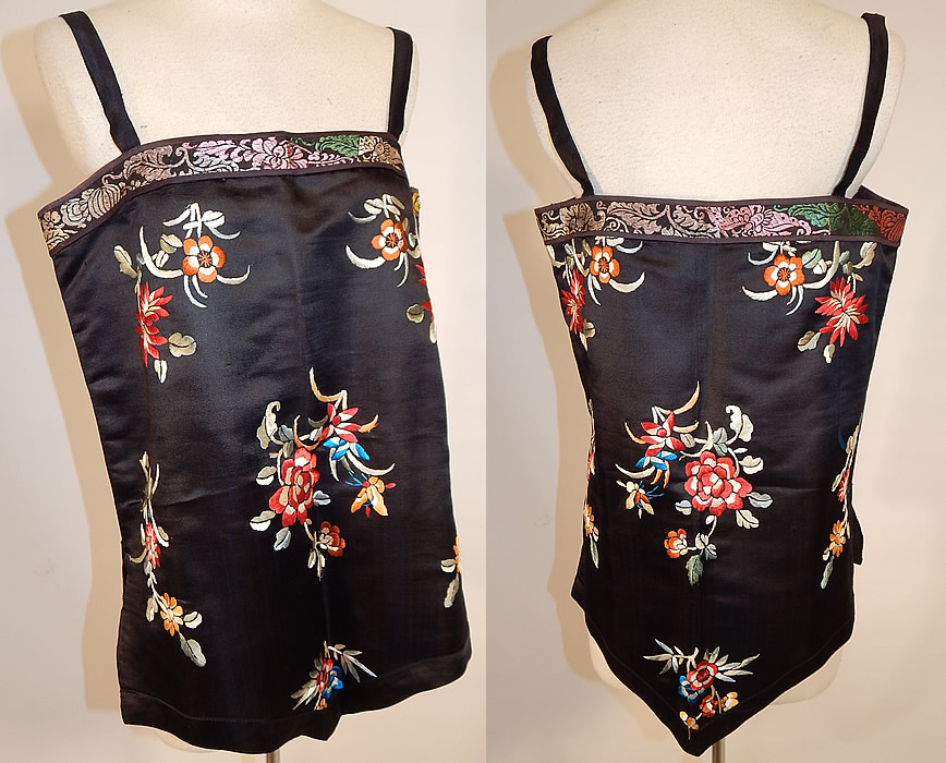 Antique Chinese Black Silk Embroidered Peony Flower Butterfly Robe & Camisole
The robe measures 31 inches long, with a 60 inch waist and 50 inch bust. Included is a camisole top made from the matching robe embroidered fabric, fully lined and has a side zipper closure.
