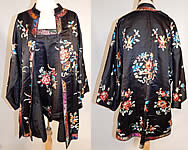 Antique Chinese Black Silk Embroidered Peony Flower Butterfly Robe & Camisole
