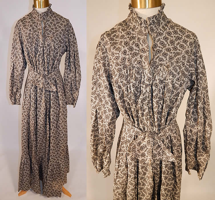 Victorian Black & White Cotton Calico Print Belted Morning Wrapper Workwear Day Dress
This antique Victorian era black and white cotton calico print belted morning wrapper workwear day dress dates from 1890. It is made of a black and white cotton calico fabric, with a spiral circle leaf pattern print design.