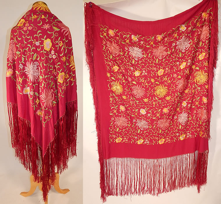Vintage Red Rose Silk Pastel Floral Embroidered Flapper Boho Piano Shawl
This vintage rose red silk pastel floral embroidered flapper boho piano shawl dates from the 1920s. It is made of a rose red magenta color silk fabric, with machine done embroidered colorful pastel flowers. There is matching red color hand knotted silk fringe which measures 15 inches long surrounding the entire shawl.