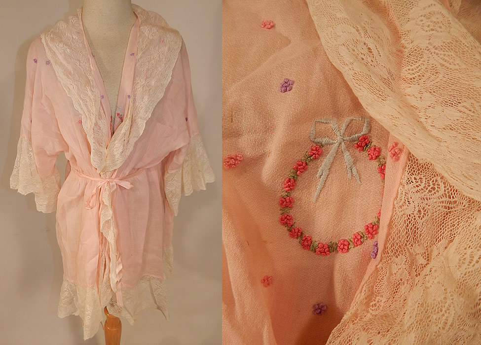 Vintage Pink Cotton Embroidered Rosette Lace Trim Flapper Peignoir Robe Bed Jacket
This vintage pink cotton embroidered rosette lace trim flapper peignoir robe bed jacket dates from the 1920s. It is made of a pink pastel cotton batiste fabric, with colorful floral rosette garland wreaths, bows French knot embroidery work and white lace trim edging.