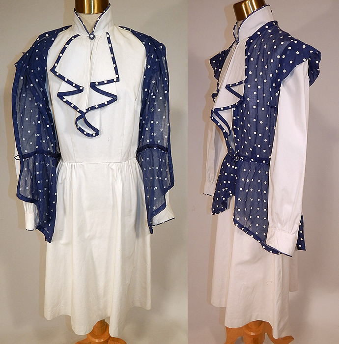 Vintage Navy Blue & White Cotton Polka Dot Dress Jabot Peplum Jacket Top
It is in good condition, with only a small faint yellow stain on the bottom front skirt. This is truly a unique custom made piece of wearable art!