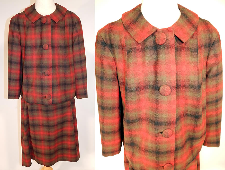 Vintage Womens Pendleton Plaid Tartan Virgin Wool Suit Jacket & Skirt
This vintage womens Pendleton plaid tartan virgin wool suit jacket and skirt dates from the 1950s. It is made of a red, green and black 100% Virgin Wool fabric, with a plaid pattern tartan design. 