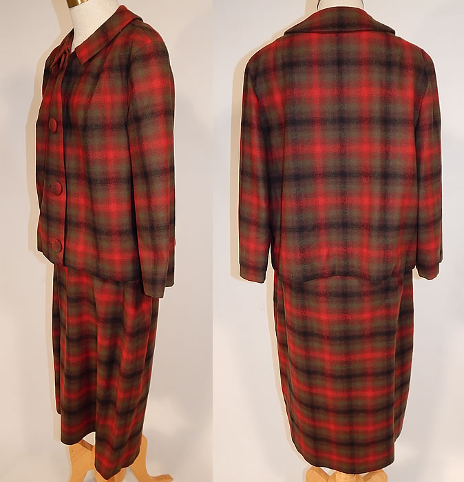 Vintage Womens Pendleton Plaid Tartan Virgin Wool Suit Jacket & Skirt
This womens winter suit has a short boxy jacket, with a peter pan style rounded fold over collar, long sleeves, fabric covered button closures down the front and is fully lined. The jacket measures 20 inches long, with a 40 inch waist, 40 inch bust, 16 inch back and 19 inch long sleeves. 