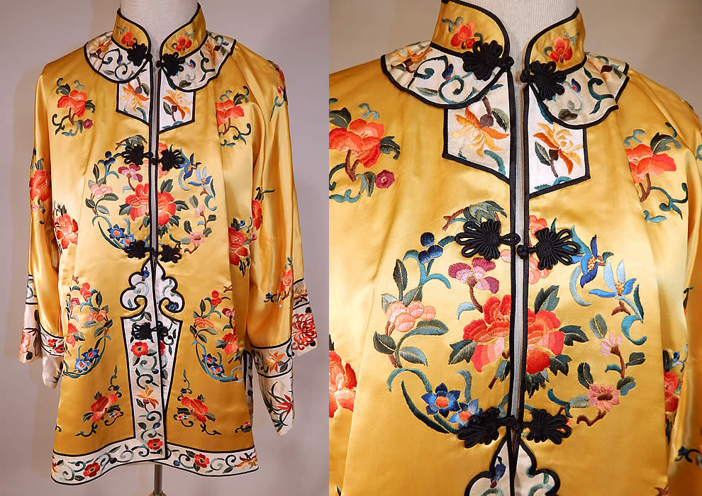 Vintage Bai hua Chinese Yellow Silk Rayon Embroidered Peony Flower Robe Coat
This vintage Bai hua Chinese yellow silk rayon embroidered peony flower robe coat dates from the 1960s.