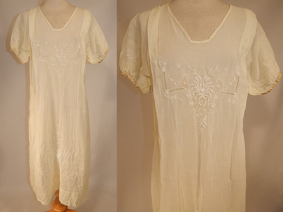 Vintage Boho Yellow Cotton Batiste Embroidered Drawn Cut Work Drop Waist Dress
This vintage boho yellow cotton batiste embroidered drawn cut work drop waist dress dates from the 1920s. It is made of a pale pastel yellow fine cotton batiste fabric, with drawn cut work and white raised padded satin stitch, French knot embroidery work of flowers on the front top and around the bottom skirt.