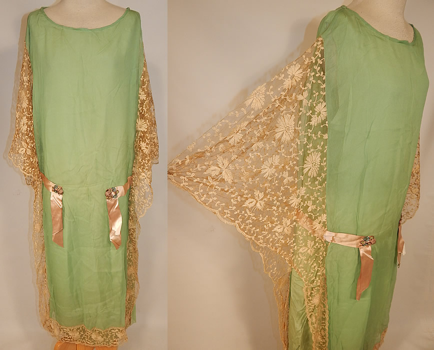 Vintage Mint Green Silk Tambour Lace Rosette Ribbon Batwing Drop Waist Dress
This vintage mint green silk tambour lace rosette ribbon batwing drop waist dress dates from the 1920s. It is made of a pastel mint green color silk crepe de chine fabric, with cream color net tambour embroidery lace and pastel silk ombre ribbon rosette trim.