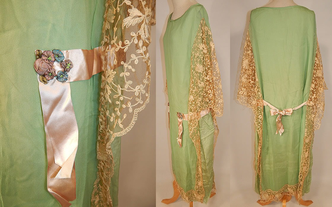 Vintage Mint Green Silk Tambour Lace Rosette Ribbon Batwing Drop Waist Dress
This pretty pastel green flapper morning dress has a loose fitting drop waist style, with sheer lace batwing flared sleeves and a pink silk ribbon belted tie sash back. The dress measures 45 inches long, with 40 inch hips, a 38 inch waist and 38 inch bust. It is in excellent condition. This is truly a wonderful piece of wearable art! 