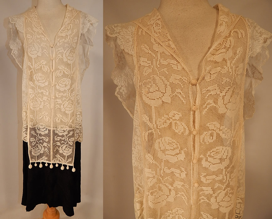 Vintage White Filet Lace Crochet Trim Black Silk Pleated Skirt Drop Waist Dress
This vintage white filet lace crochet trim black silk pleated skirt drop waist dress dates from the 1920s. It is made of a white sheer filet, valenciennes mixed lace floral rose pattern top and black silk crepe de chine heavily pleated fabric skirt bottom.