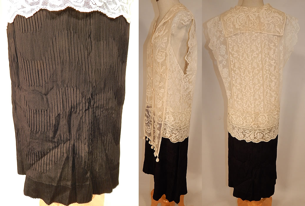 Vintage White Filet Lace Crochet Trim Black Silk Pleated Skirt Drop Waist Dress
This lovely lace dress is loose fitting, with a drop waist chemise shift style, sleeveless, with slight cap lace sleeves, wide armhole openings, a sailor collar, crochet buttons closures on the front, with crochet ball trim hanging down from the front top and is sheer, unlined on the top.