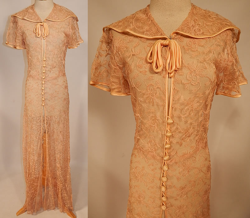 Vintage I. Magnin & Co Pink Tambour Embroidery Net Lace Peignoir Robe Dressing Gown
This vintage I. Magnin & Co pink tambour embroidery net lace peignoir robe dressing gown dates from the 1930s.