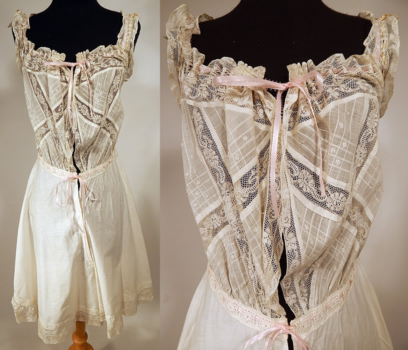 Edwardian Windowpane White Cotton Batiste Lace Teddy Camiknickers Camisole Bloomers
 This antique Edwardian era white cotton batiste lace teddy camiknickers camisole bloomers dates from 1910. It is made of a white cotton batiste fabric, with a sheer windowpane check striped top and lace trim edging. This lovely lacy lingerie undergarment one piece teddy camiknickers has a camisole corset cover top attached to bloomers, with a lace ruffle trim neckline, armholes, waist and pink ribbon drawstring closures on the front and button closures.