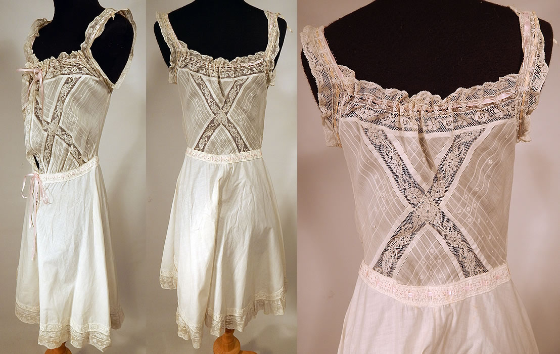 Edwardian Windowpane White Cotton Batiste Lace Teddy Camiknickers Camisole Bloomers
 The teddy measures 37 inches long, with 40 inch hips, an adjustable 24 inch waist and 34 inch bust. It is in excellent condition. This is truly a wonderful piece of antique lace lingerie wearable art!