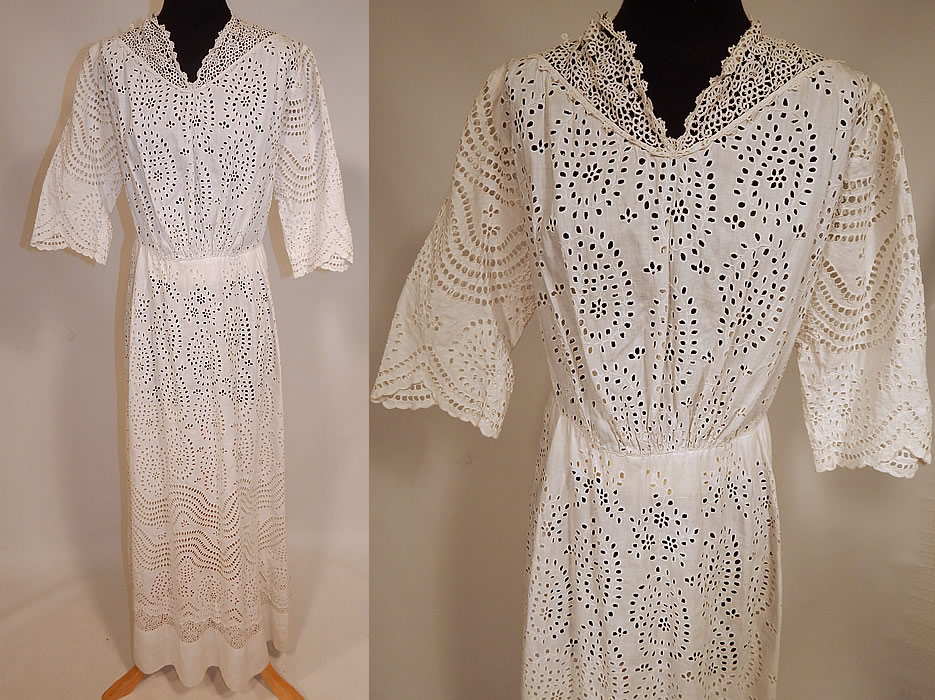 Victorian White Cotton Batiste Broderie Anglaise Eyelet Embroidery Cutwork Lace Dress
This antique Victorian era white cotton batiste broderie anglaise eyelet embroidery cutwork lace dress dates from 1900. It is made of a sheer white cotton batiste fabric, with a broderie anglaise eyelet embroidery cutwork whitework lace. 