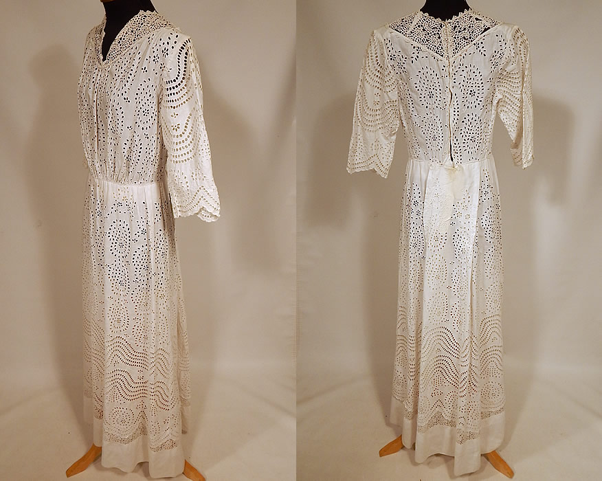 Victorian White Cotton Batiste Broderie Anglaise Eyelet Embroidery Cutwork Lace Dress
This would be wonderful for design and could be reworked. Truly a beautiful piece of antique Victoriana wearable art! 