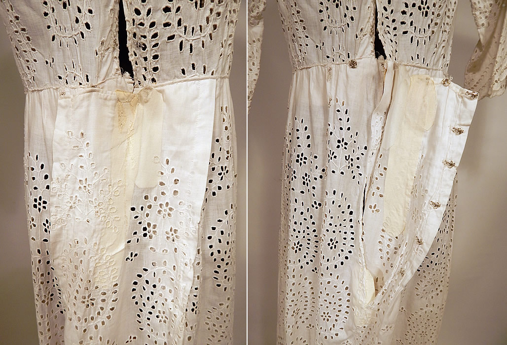 Victorian White Cotton Batiste Broderie Anglaise Eyelet Embroidery Cutwork Lace Dress
The dress measures 52 inches long, with a 26 inch waist and 36 inch bust. It is in good as-is condition, having been altered with an added bottom skirt hemline trim, patched, reinforced added skirt panel on back to be made larger and several small breaks in the lace collar yoke (see close-ups). 