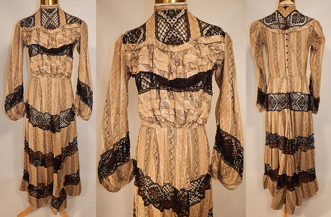 Victorian Brown & White Cotton Calico Striped Black Lace Trim Gown Dress
This antique Victorian era brown and white cotton calico striped black lace trim dress dates from 1900. It is made of a light brown tan color and white cotton calico floral striped damask weave batiste fabric, with decorative black stitching details and black lace trim inserts.