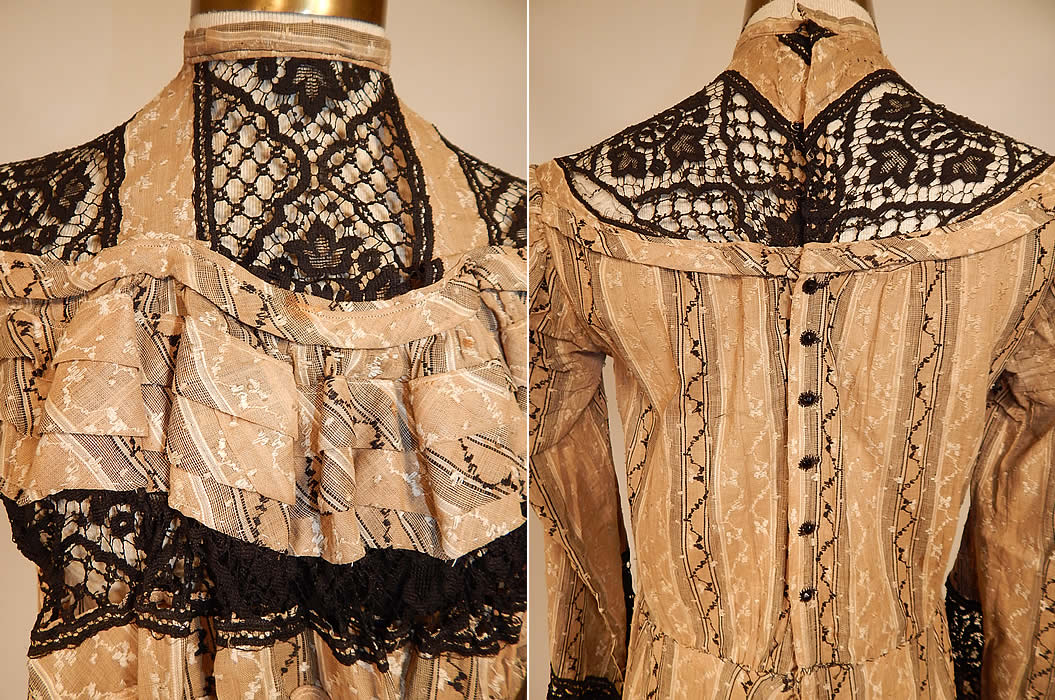 Victorian Brown & White Cotton Calico Striped Black Lace Trim Gown Dress
It is in good condition, with only a small faint age spot stain on the front top, some separation in the lace trim along the back yoke and skirt (see close-up). This is truly a wonderful piece of wearable antique Victoriana textile art!
