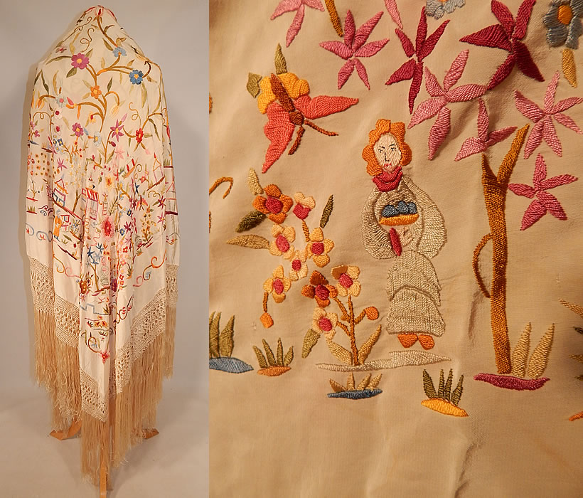 Antique Cream Silk Pastel Embroidered Figural Floral Chinese Canton Piano Shawl
This antique cream silk pastel embroidered figural floral Chinese Canton piano shawl dates from the 1920s. It is made of an off white cream color silk fabric background, with colorful pastel silk raised padded satin stitch hand embroidery work