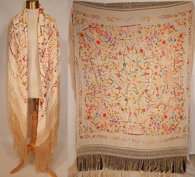 Antique Cream Silk Pastel Embroidered Figural Floral Chinese Canton Piano Shawl
There is a lush floral foliage vine leaf, butterfly, pagoda shrine temples and Chinese figural whimsical flower people designs completely covering the shawl. 