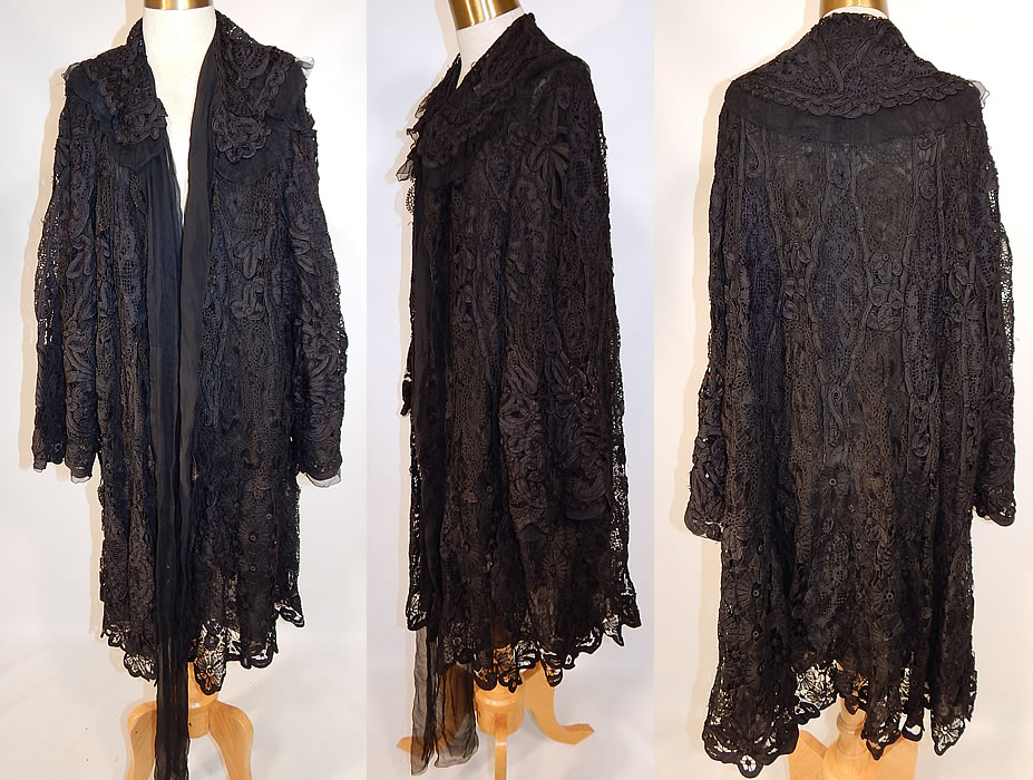 Edwardian Black Silk Battenburg Tape Lace Shawl Collar Long Coat Jacket
This exquisite Edwardian era antique black silk Battenburg tape lace shawl collar long coat jacket dates from 1910. It is made of a black silk Battenburg crochet lace created with tapes, connecting thread picot ornamented bars with decorative spiral, floral, leaf, scroll work designs.