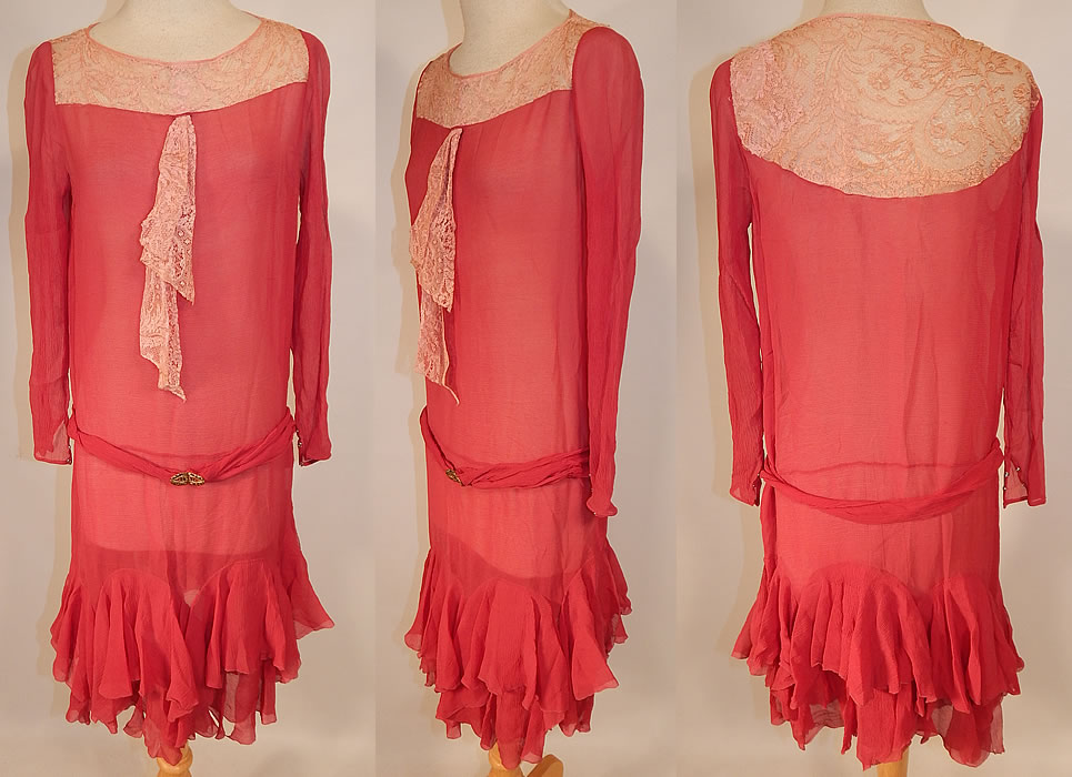 Vintage Red Raspberry Silk Chiffon Lace Yoke Belted Drop Waist Dress Ruffle Skirt
This vintage red raspberry silk chiffon lace yoke belted drop waist dress ruffle skirt dates from the 1920s. It is made of a red raspberry color sheer silk chiffon fabric, with a pinkish ecru cream color lace yoke and neck scarf front trim. 