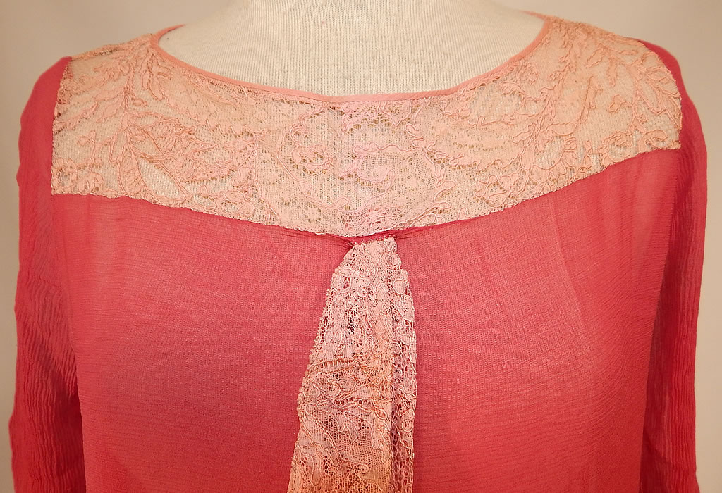 Vintage Red Raspberry Silk Chiffon Lace Yoke Belted Drop Waist Dress Ruffle Skirt
This lovely dress has a drop waist, shorter length layered ruffle skirt, long fitted sleeves, a matching fabric belt with gold metal buckle clasp closure and is sheer, unlined. 