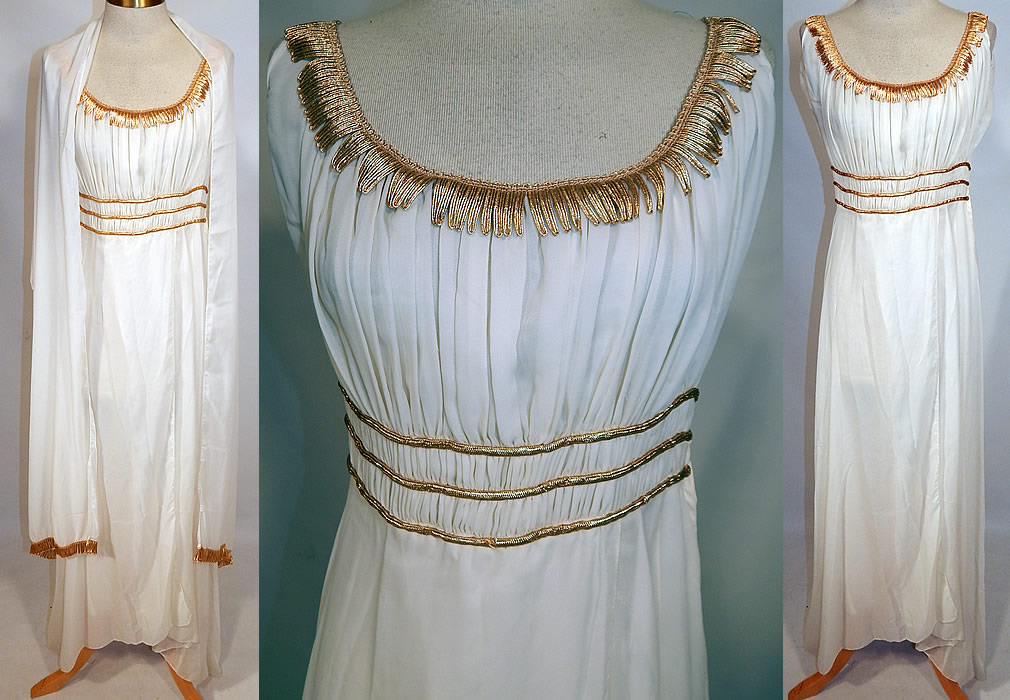 Vintage John Norman Lord & Taylor White Chiffon Grecian Goddess Gown
This vintage John Norman, Lord & Taylor white chiffon Grecian goddess gown dates from the 1960s. It is made of a sheer white chiffon fabric, with gold metallic trim accents. 