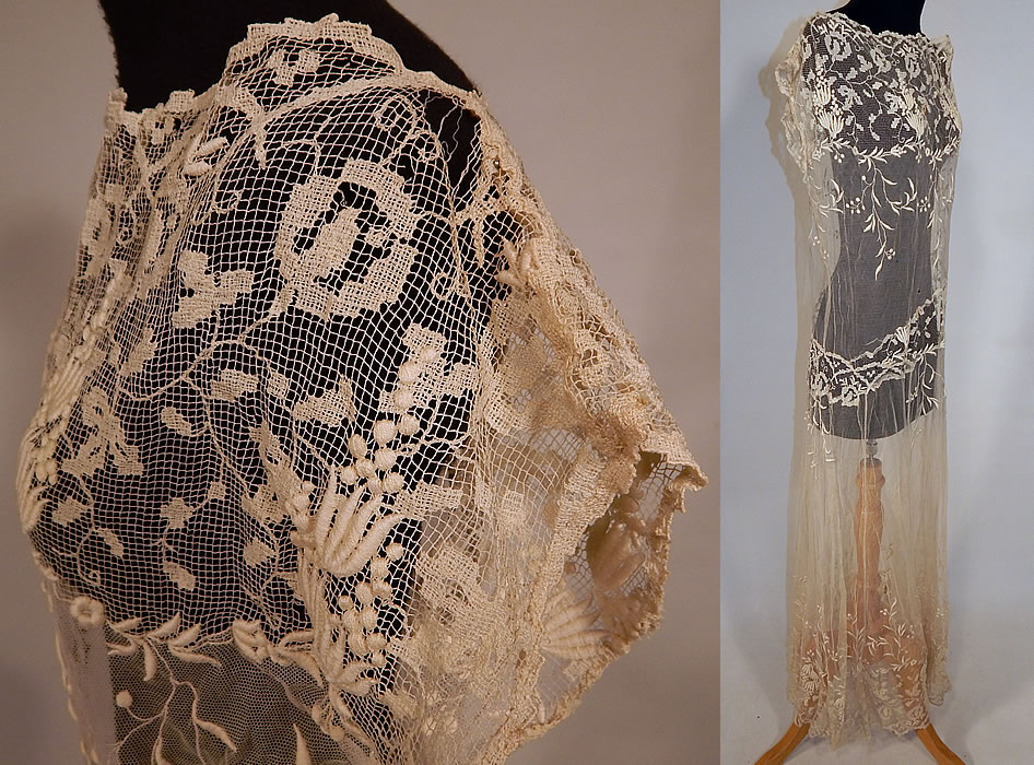 Vintage Cream Filet Lace Embroidered Tulle Net Drop Waist Boho Maxi Dress
This lovely lace boho maxi dress is a long floor length, with a loose fitting, drop waist style, short cap sleeves, a squared scoop neckline and is sheer, unlined.