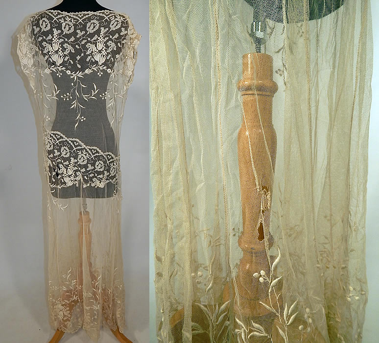 Vintage Cream Filet Lace Embroidered Tulle Net Drop Waist Boho Maxi Dress
The dress measures 53 inches long, with 42 inch hips, a 32 inch waist and 36 inch bust. 