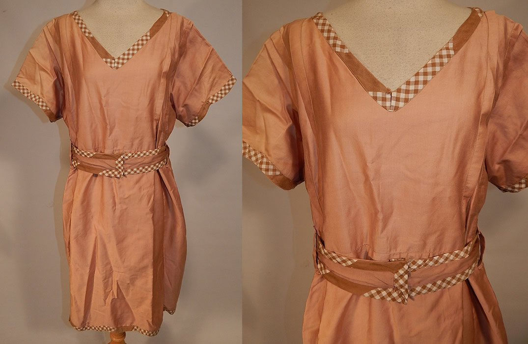 Vintage Edwardian Tan Cotton Gingham Trim Belted Bathing Swimsuit Dress
This vintage Edwardian era tan cotton gingham trim belted bathing swimsuit dress dates from 1910. It is made of a pale brown tan color polished cotton fabric, with a tan & white gingham checked trim edging and belt.