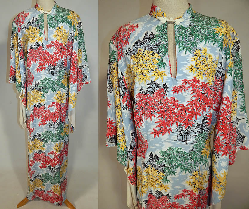 Vintage Liberty House Hawaiian Maple Leaf Print Rayon Pake Muu Muu Dress
This vintage Liberty House Hawaiian maple leaf print rayon pake muu muu dress dates from the 1940s. It is made of a rayon fabric with a colorful fall foliage Japanese maple leaf and temple shrine pagoda print.