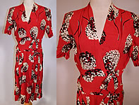 Vintage NY Creation Red Black & White Clover Flower Novelty Print Rayon Dress
