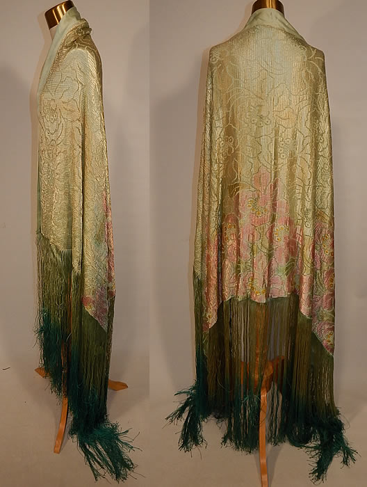 Vintage Pastel Green Silk Pink Floral Lace Ombre Fringe Flapper Shawl Cloak Cape
It is made of a pastel mint green color silk fabric lining, covered with a sheer mint green floral pattern lace with hand painted pink highlights and varying shades of green ombre silk fringe. 